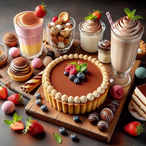 Una tarta tiramisú, con batidos, pasteles y cake pops